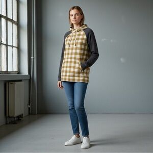 Ampersand Ave DoubleHood Hoodie – Mustard Plaid & Charcoal Sleeves Size L